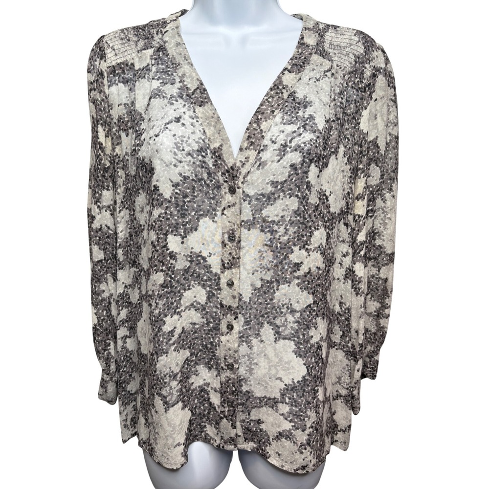 JOIE Womens Grey 100% Silk Animal Print Smocked V-Neck Button Up Blouse XS Chic